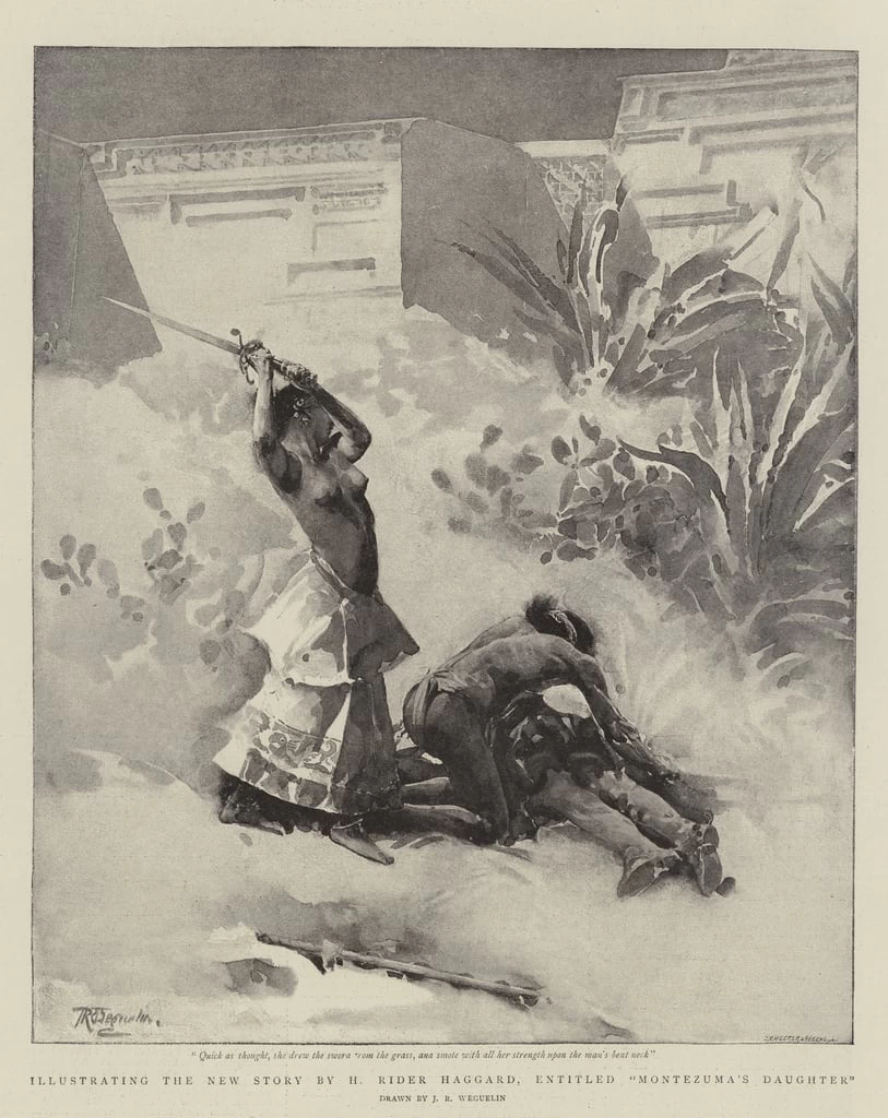 Illustrando la nuova storia di H Rider Haggard, intitolata La figlia di Montezuma